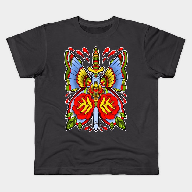 Traditional butterfly dagger tattoo design Kids T-Shirt by weilertsen